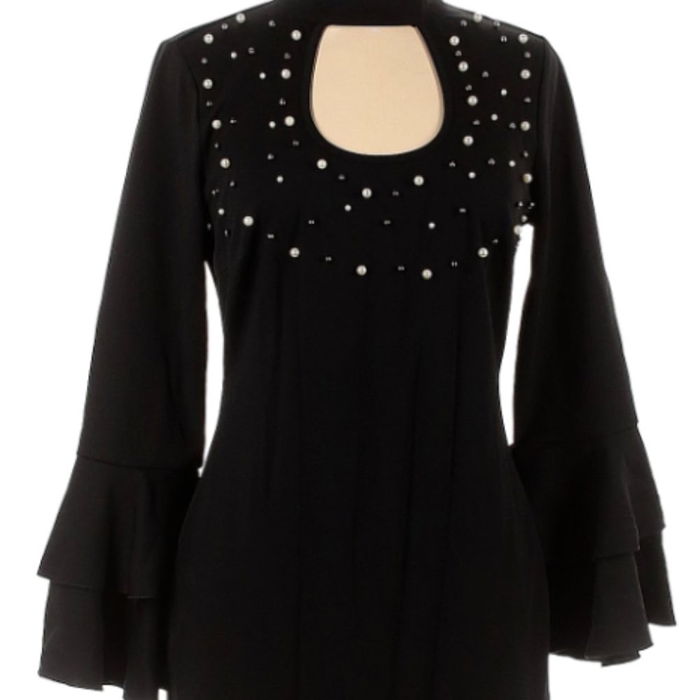 Venus Black Pearl Accent Evening Dress Sz M Bell Sleeves